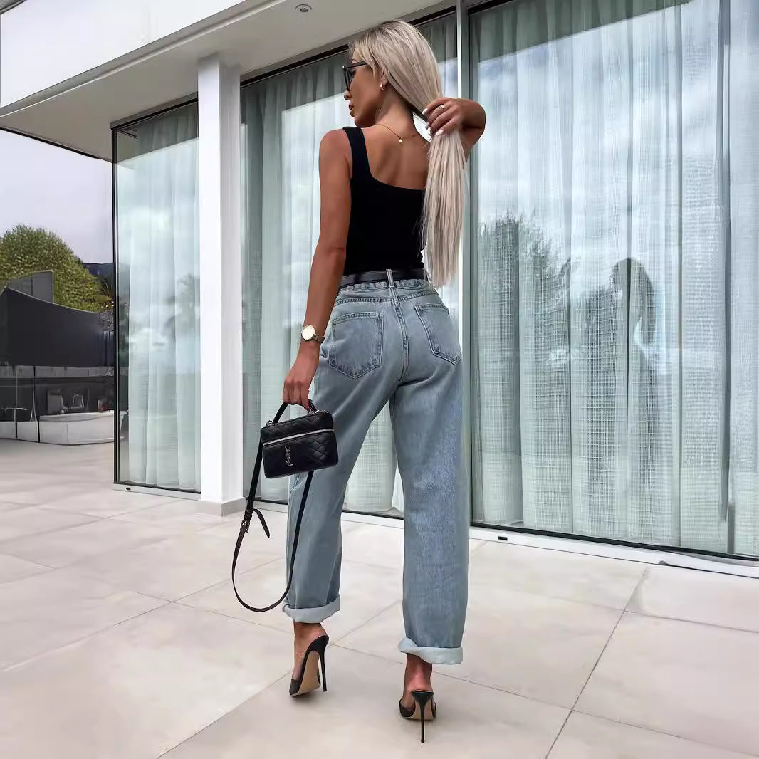 Jeans Largos Casual Estilo Street Hipster para Mulher