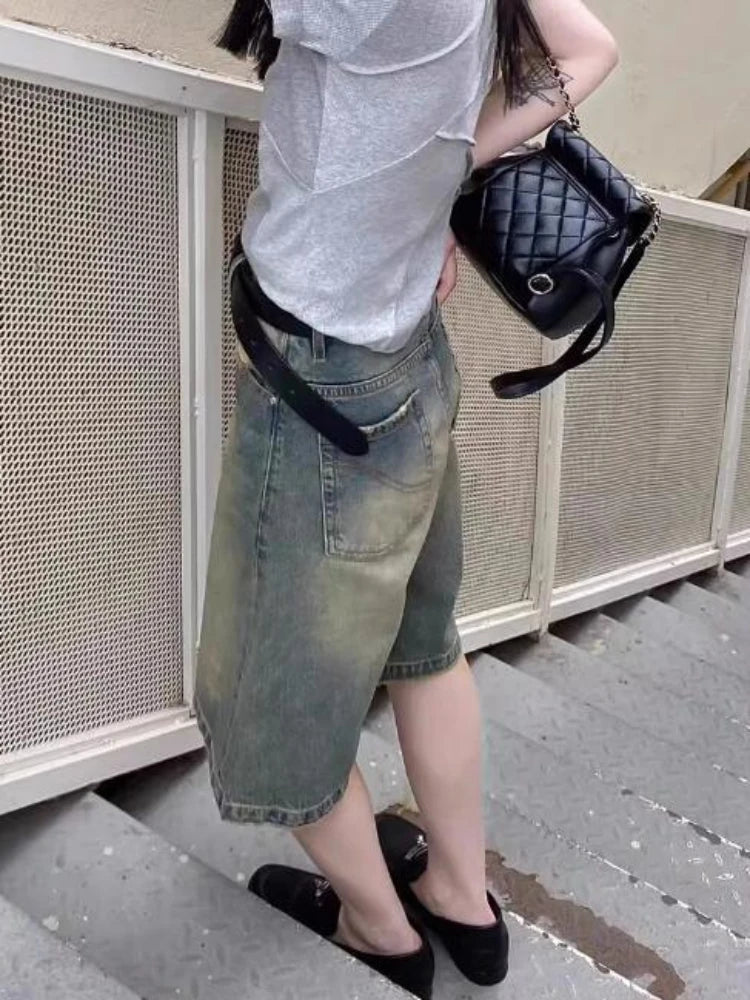Calções de Ganga Mulher Cintura Alta Streetwear Chic S-4XL
