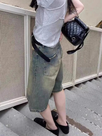 Calções de Ganga Mulher Cintura Alta Streetwear Chic S-4XL