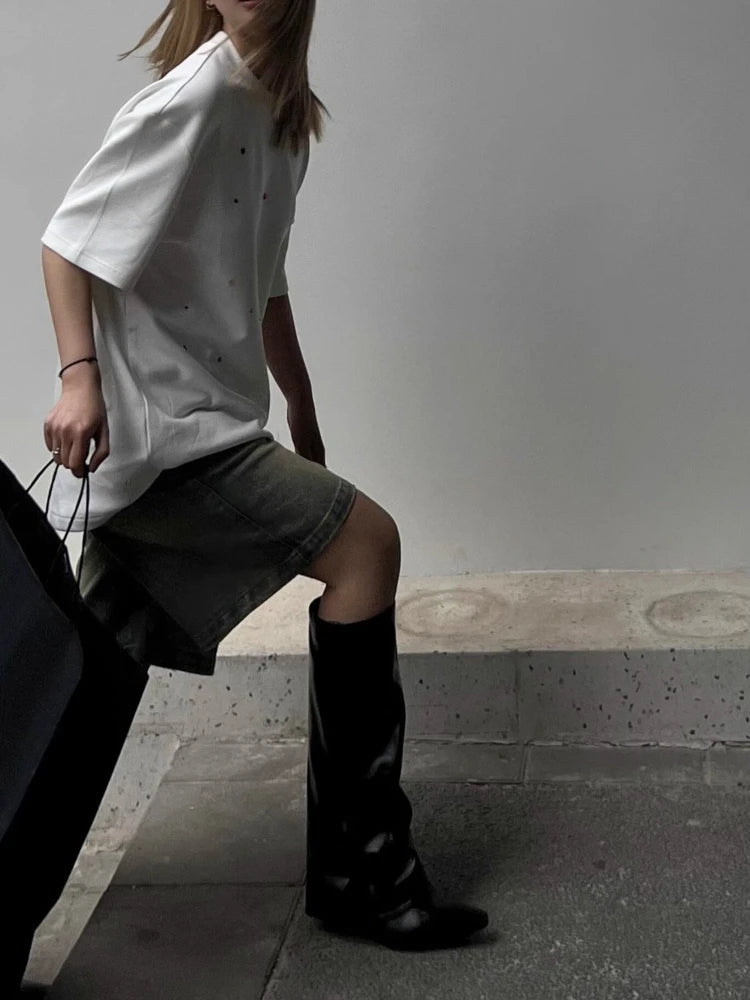 Calções de Ganga Mulher Cintura Alta Streetwear Chic S-4XL