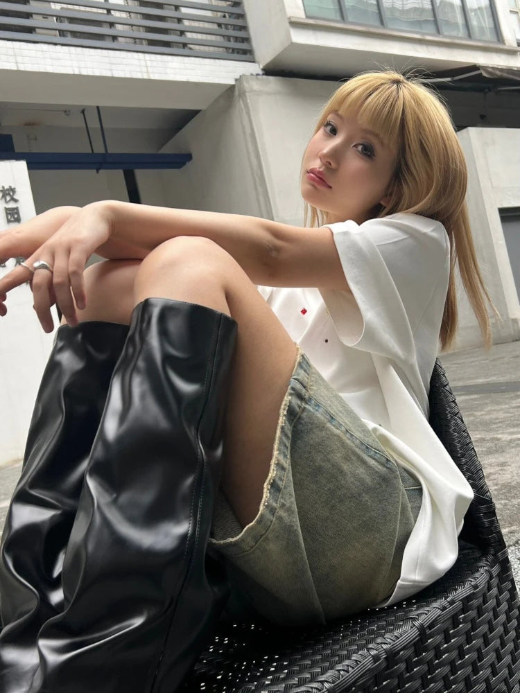 Calções de Ganga Mulher Cintura Alta Streetwear Chic S-4XL