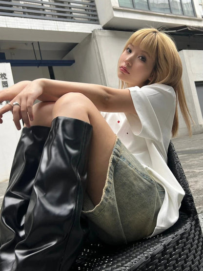 Calções de Ganga Mulher Cintura Alta Streetwear Chic S-4XL