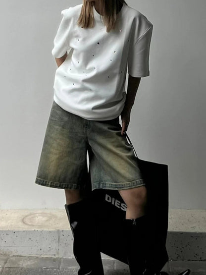 Calções de Ganga Mulher Cintura Alta Streetwear Chic S-4XL