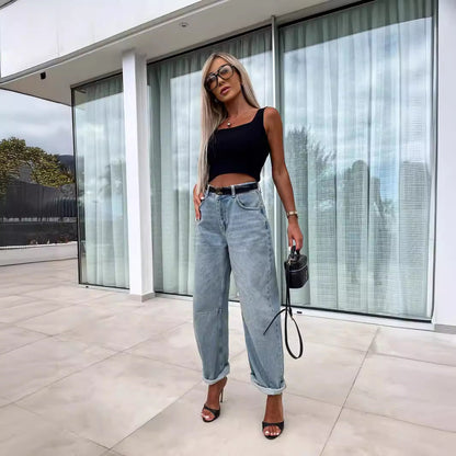 Jeans Largos Casual Estilo Street Hipster para Mulher